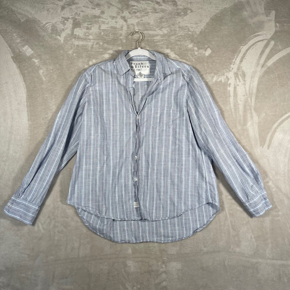 Frank & Eileen Women's Blouse Button Up Stripes Coastal Beach Casual M Blue